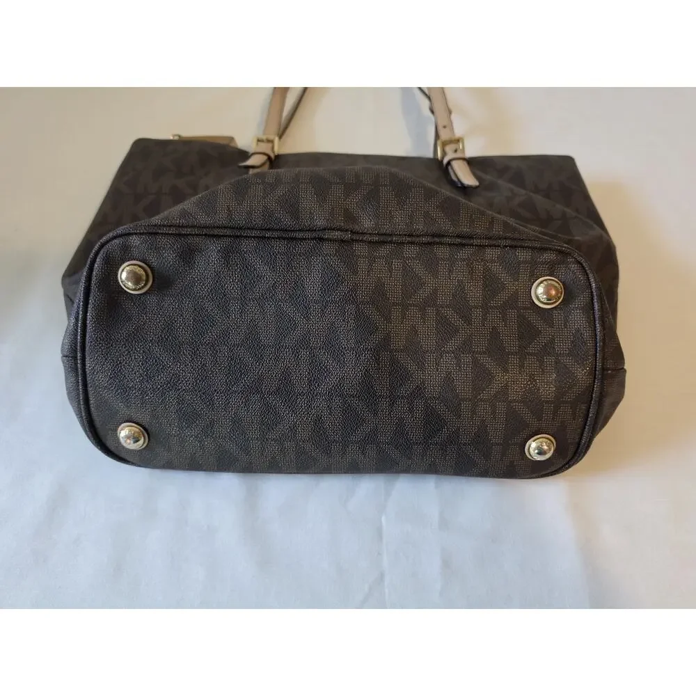 Michael Kors Jet Set Travel Signature Brown PVC Tote Shoulder Bag Front Pocket